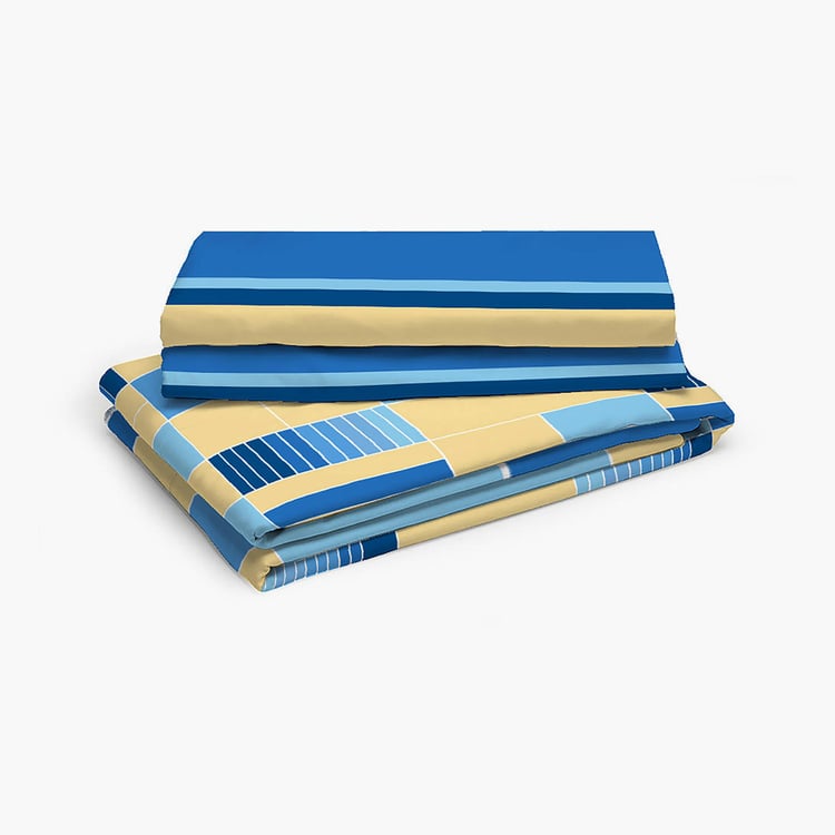 LAYERS Arizona Blue Printed Cotton Queen Bedsheet Set - 224x254cm - 3Pcs