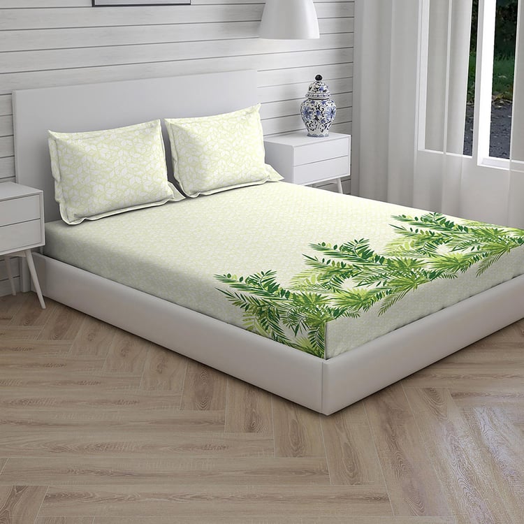 LAYERS Miami Green Printed Cotton Super King Bedsheet Set - 274x274cm - 3Pcs