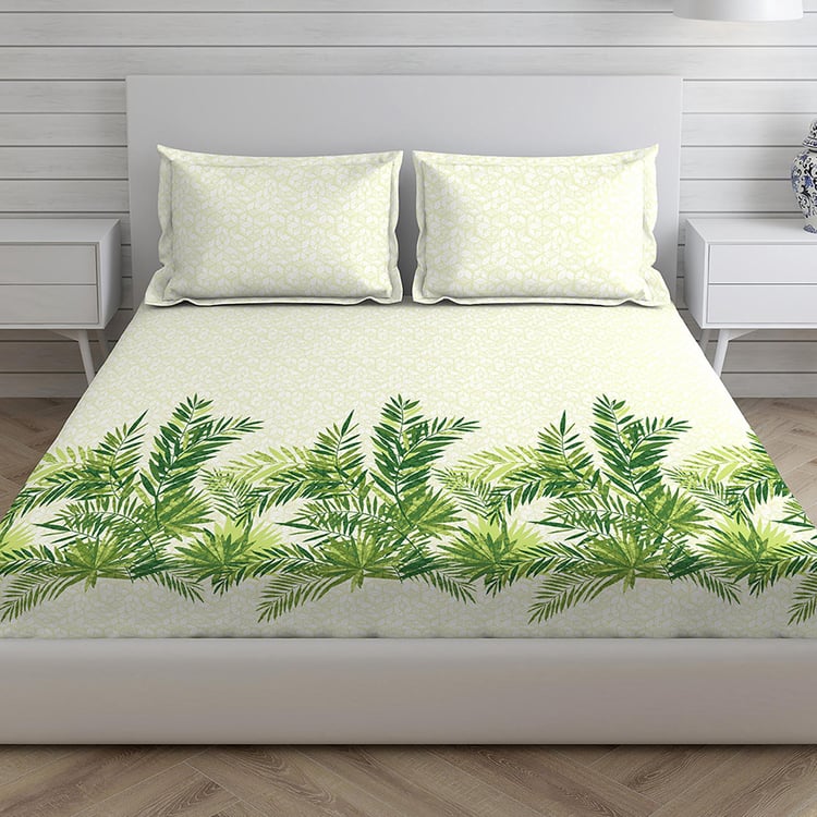 LAYERS Miami Green Printed Cotton Super King Bedsheet Set - 274x274cm - 3Pcs