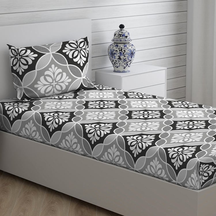 LAYERS Pistoia Grey Printed Cotton Single Bedsheet Set - 150x224cm - 2Pcs