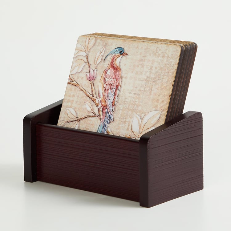 Alora Moksha Set of 6 Wood Printed Coasters with Holder