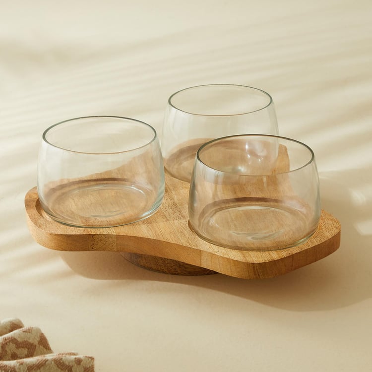 Mirage Verres Set of 3 Glass Condiment Bowls with Mango Wood Tray - 30ml