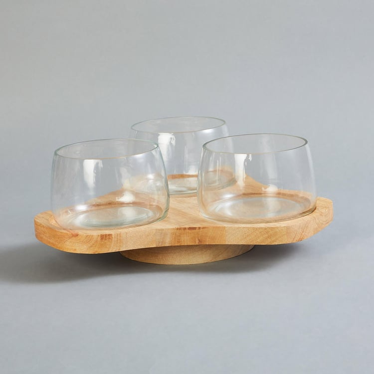 Mirage Verres Set of 3 Glass Condiment Bowls with Mango Wood Tray - 30ml