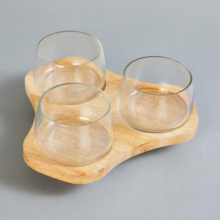 Mirage Verres Set of 3 Glass Condiment Bowls with Mango Wood Tray - 30ml