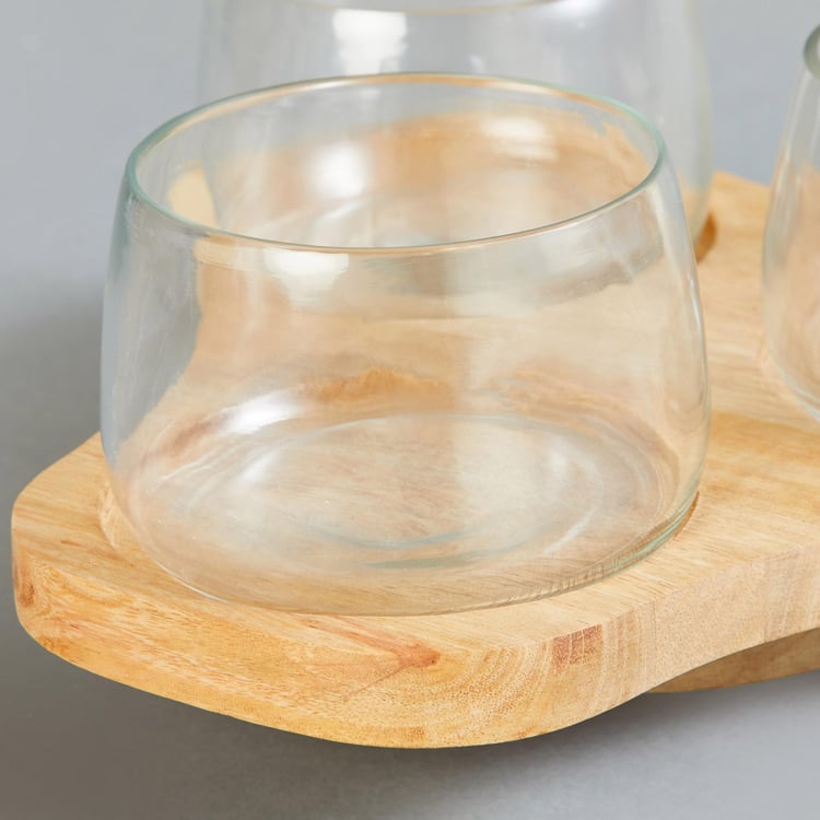 Mirage Verres Set of 3 Glass Condiment Bowls with Mango Wood Tray - 30ml