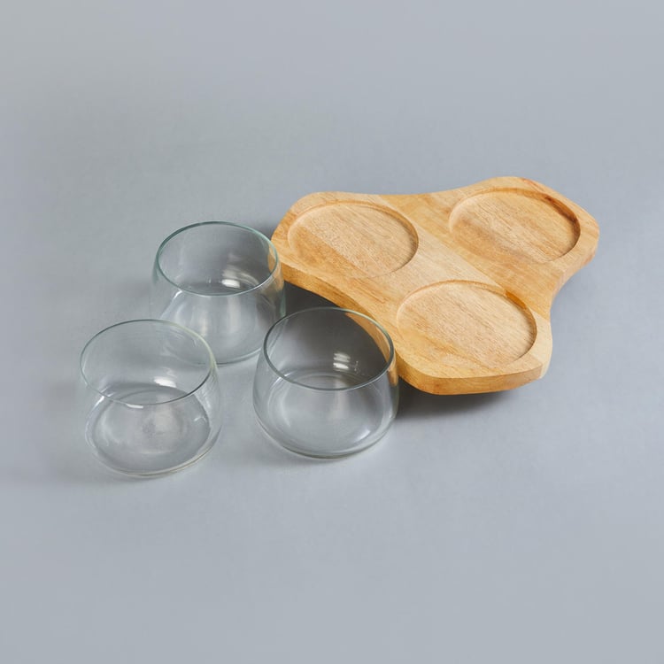 Mirage Verres Set of 3 Glass Condiment Bowls with Mango Wood Tray - 30ml
