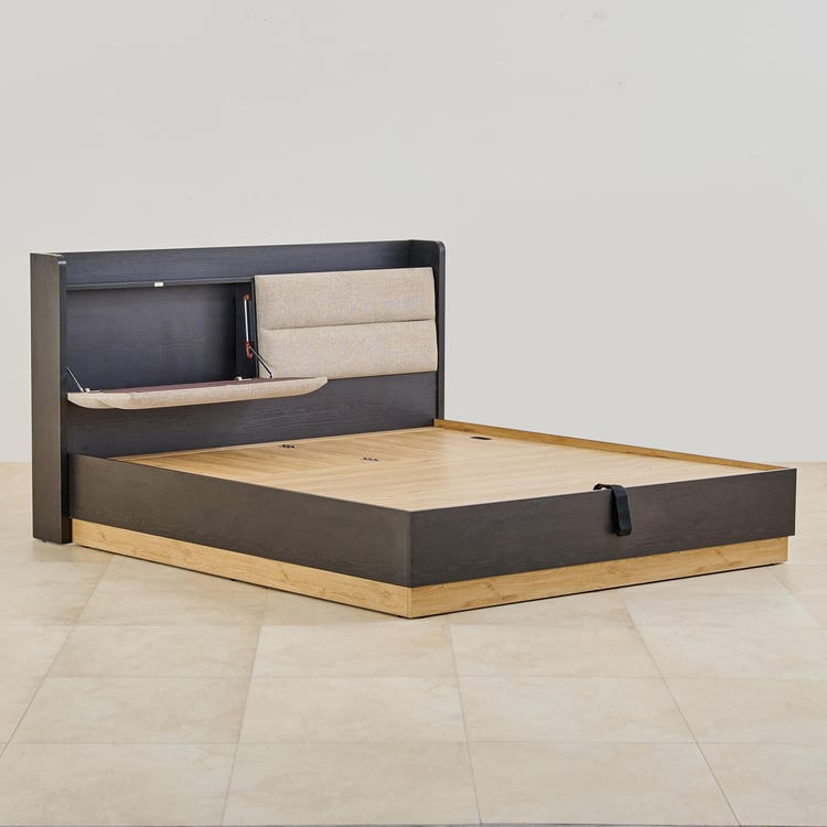 Kiro Titan Queen Bed with Headboard and Hydraulic Storage - Black and Light Brown