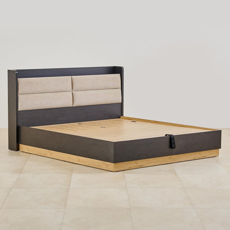 Kiro Titan Queen Bed with Headboard and Hydraulic Storage - Black and Light Brown