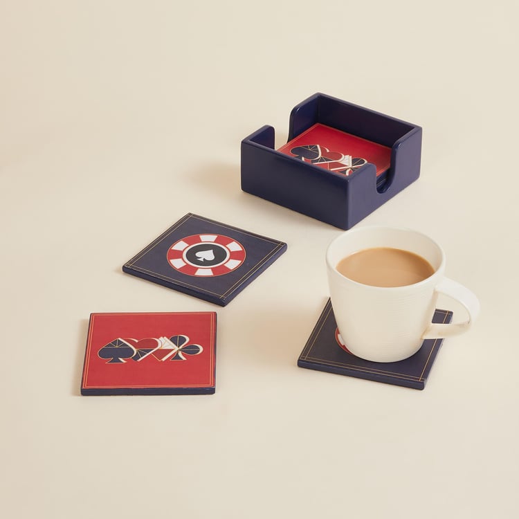 Raisa House of Cards Set of 6 Wood Coasters with Holder