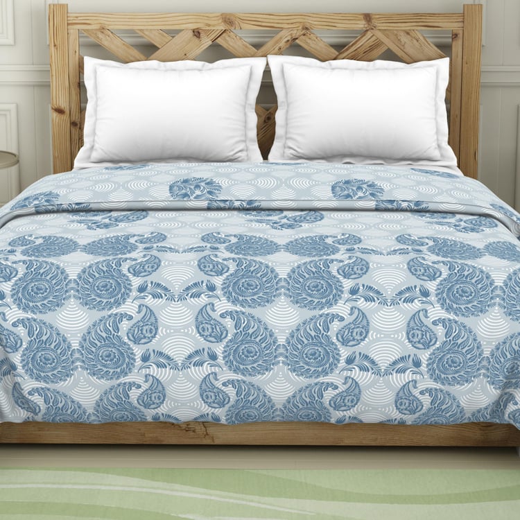 Spaces Blockbuster Blue Printed Cotton Double Bed Quilt - 224X270Cm