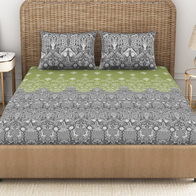 SPACES Adonia Green Printed Cotton King Bedsheet Set - 224X274cm - 3Pcs