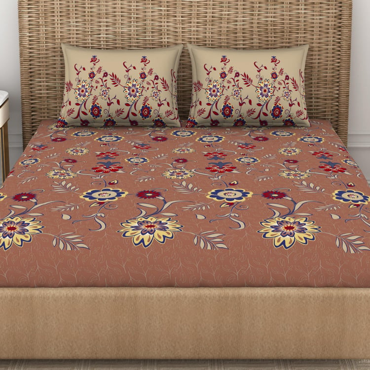 SPACES Adonia Brown Printed Cotton King Bedsheet Set - 224X274cm - 3Pcs