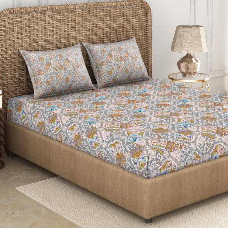 Spaces Adonia Grey Printed Cotton Super King Bedsheet Set - 274X274Cm - 3Pcs