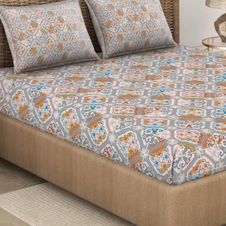 Spaces Adonia Grey Printed Cotton Super King Bedsheet Set - 274X274Cm - 3Pcs