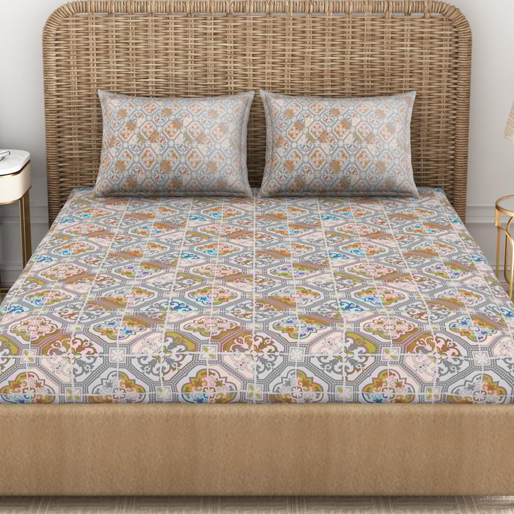Spaces Adonia Grey Printed Cotton Super King Bedsheet Set - 274X274Cm - 3Pcs