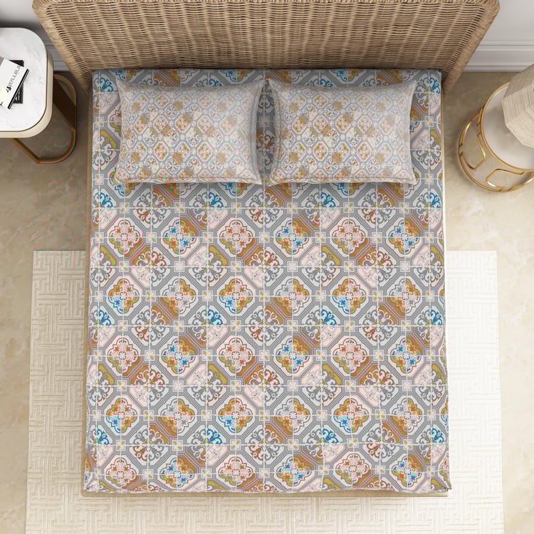 Spaces Adonia Grey Printed Cotton Super King Bedsheet Set - 274X274Cm - 3Pcs
