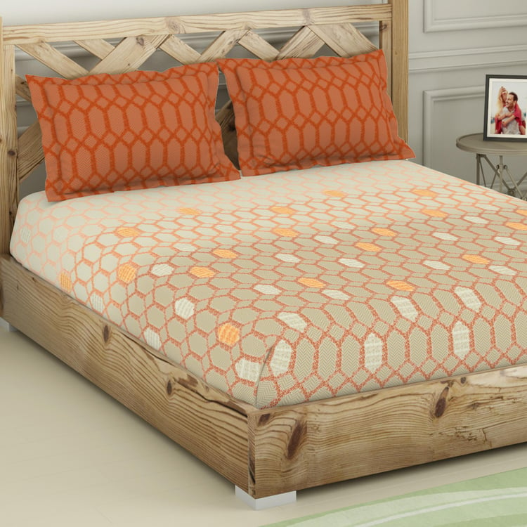 SPACES Blockbuster Orange Printed Cotton King Bedsheet Set - 224x274cm - 3Pcs