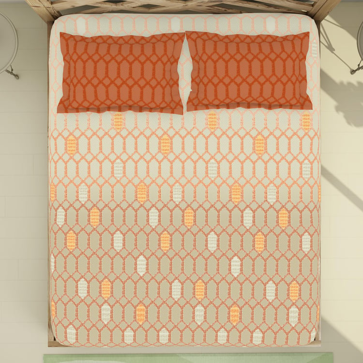 SPACES Blockbuster Orange Printed Cotton King Bedsheet Set - 224x274cm - 3Pcs