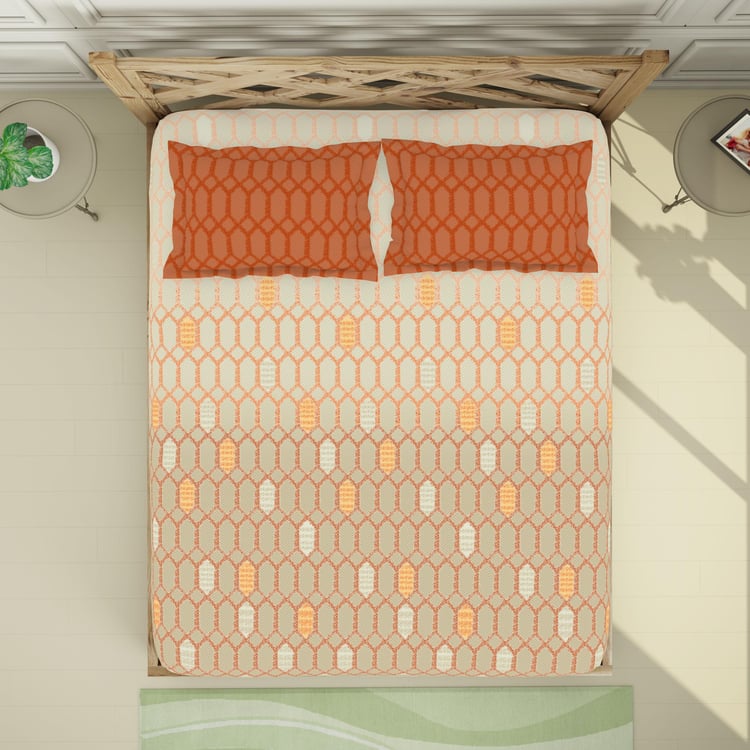 SPACES Blockbuster Orange Printed Cotton King Bedsheet Set - 224x274cm - 3Pcs