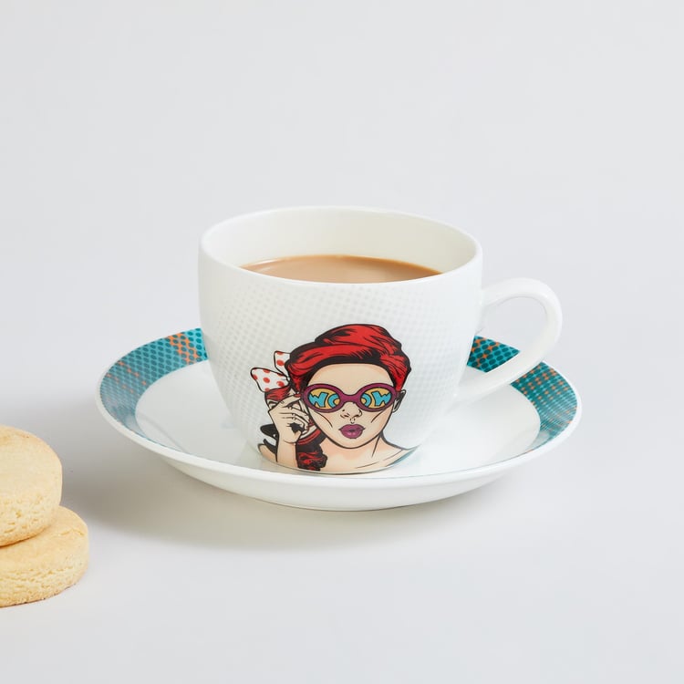 Raisa Comic White Printed Bone China Cup and Saucer - 220ml - 2pcs