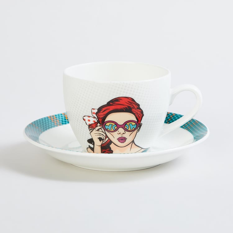 Raisa Comic White Printed Bone China Cup and Saucer - 220ml - 2pcs