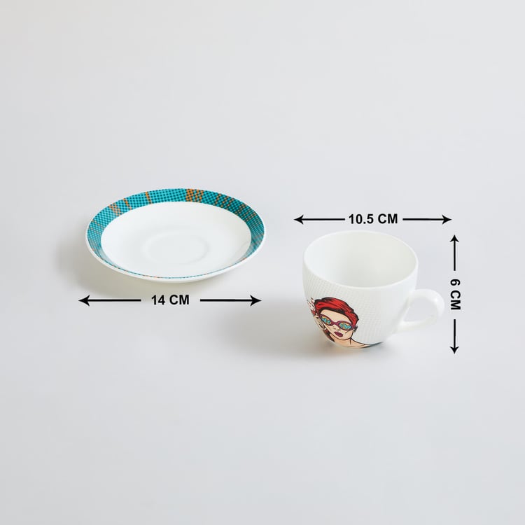 Raisa Comic White Printed Bone China Cup and Saucer - 220ml - 2pcs