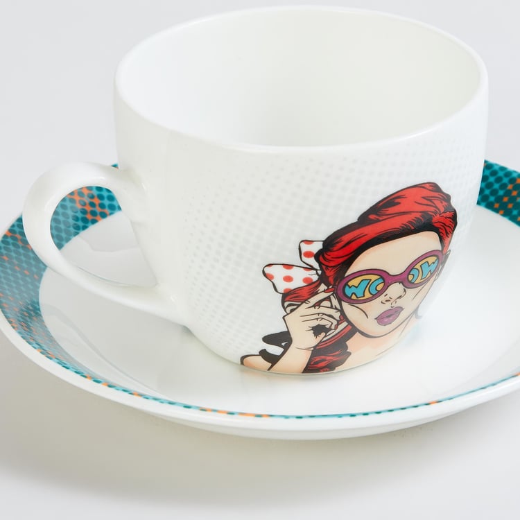 Raisa Comic White Printed Bone China Cup and Saucer - 220ml - 2pcs