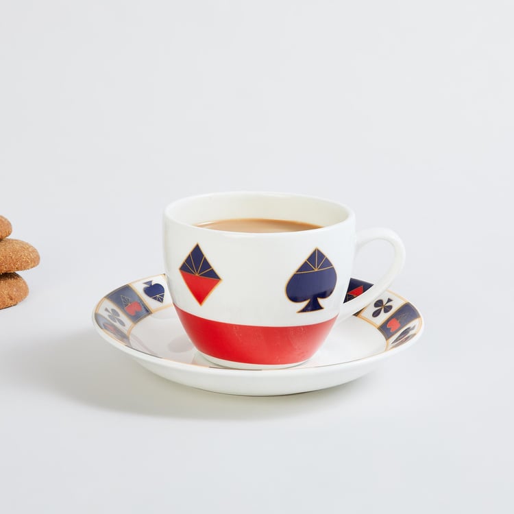 Raisa Deck of Cards White Printed Bone China Cup and Saucer - 220ml - 2Pcs