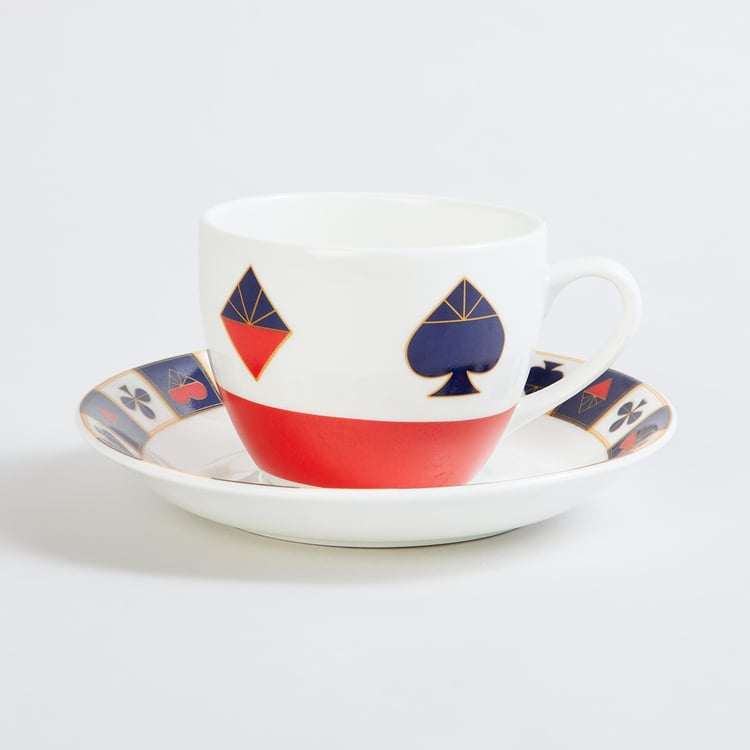 Raisa Deck of Cards White Printed Bone China Cup and Saucer - 220ml - 2Pcs