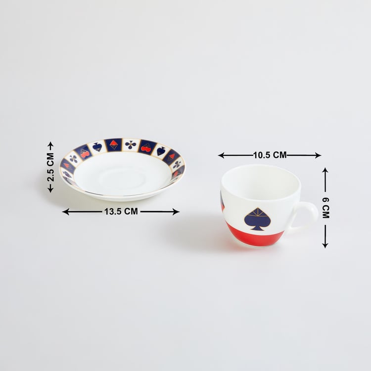 Raisa Deck of Cards White Printed Bone China Cup and Saucer - 220ml - 2Pcs