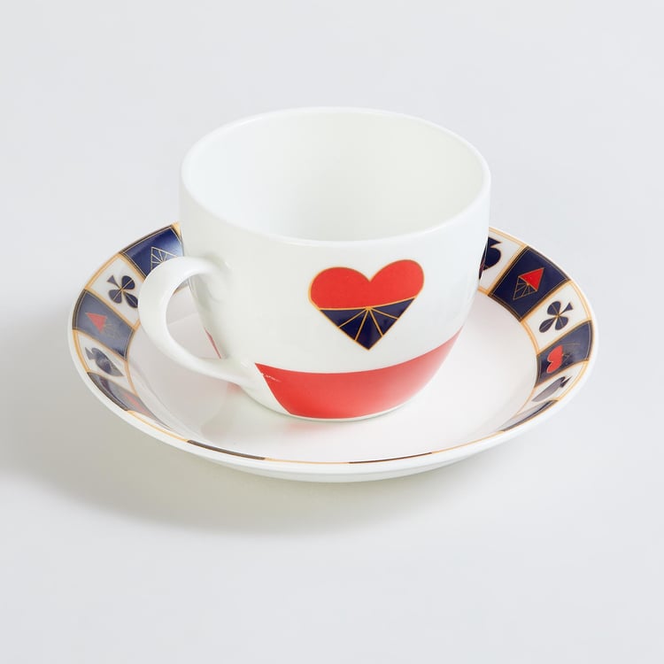 Raisa Deck of Cards White Printed Bone China Cup and Saucer - 220ml - 2Pcs