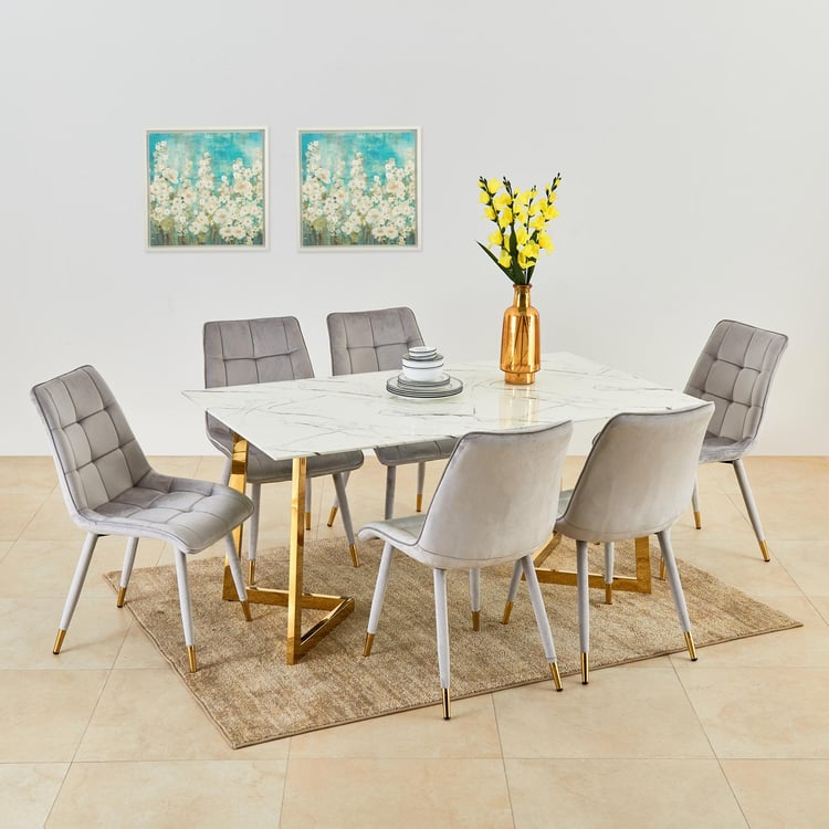 Bianca Glass Top 6-Seater Dining Set with Chairs - White and Grey