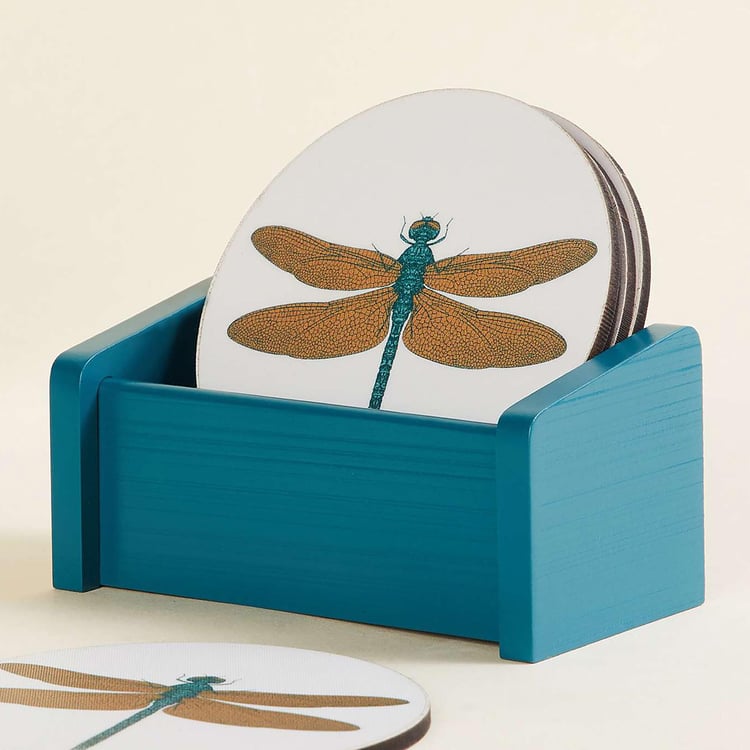 Corsica Dragonfly Set of 6 Wood Tea Coasters with Stand