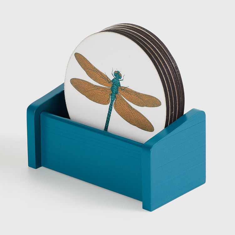 Corsica Dragonfly Set of 6 Wood Tea Coasters with Stand