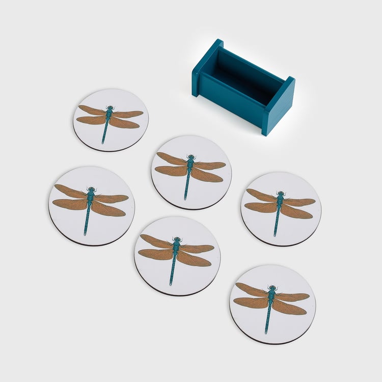 Corsica Dragonfly Set of 6 Wood Tea Coasters with Stand
