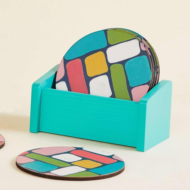 Corsica Retroglitz Set of 6 Wood Tea Coasters with Stand