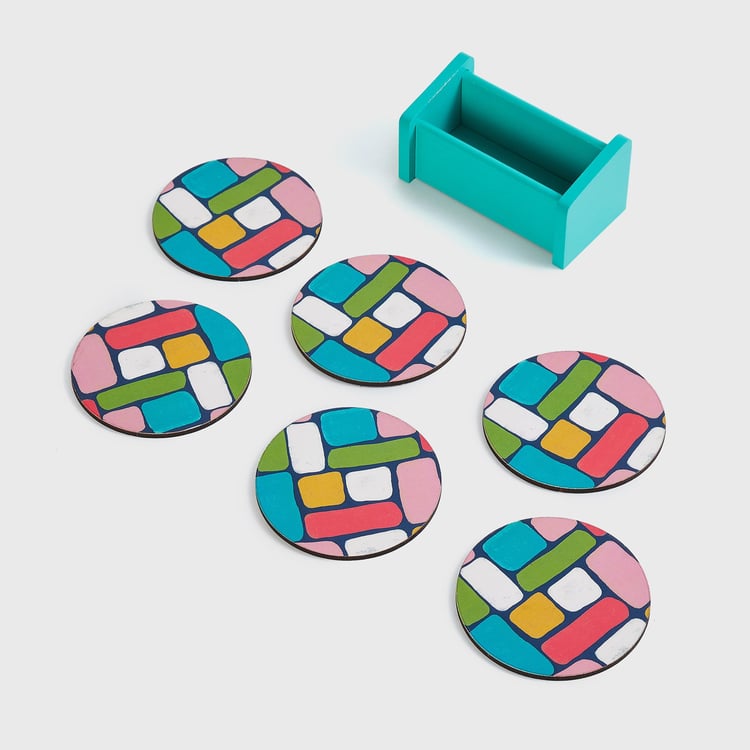 Corsica Retroglitz Set of 6 Wood Tea Coasters with Stand