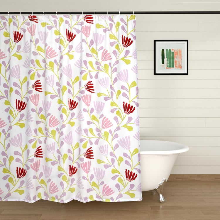 Mekong White Printed Shower Curtain with Hooks - 180x180cm