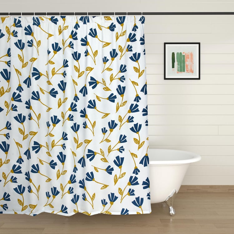 Mekong White Printed Shower Curtain with Hooks - 180x180cm