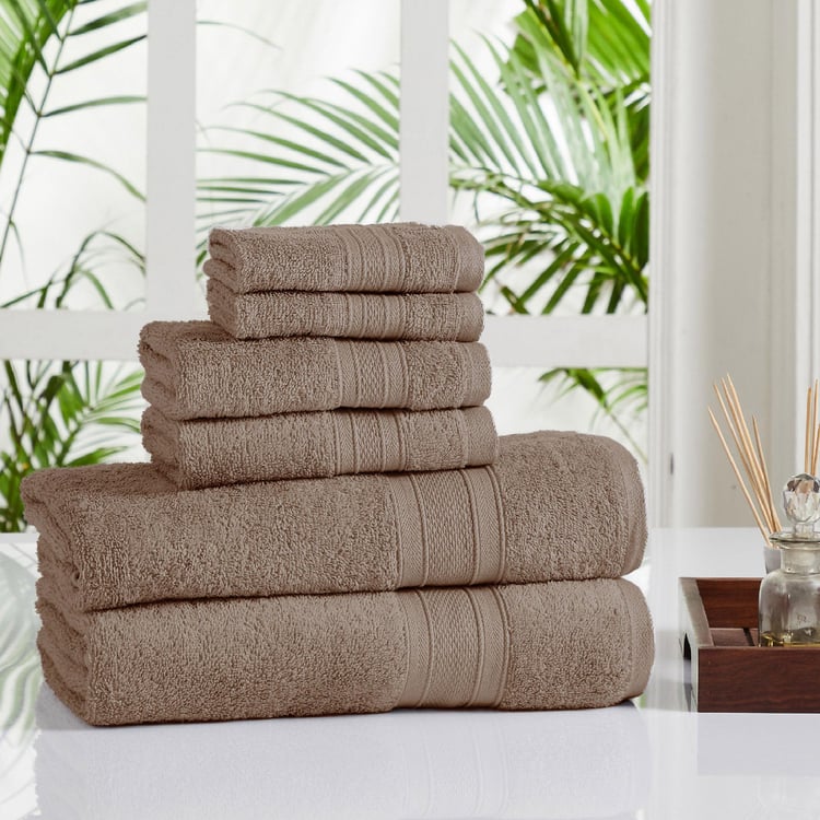 TRIDENT Soft and Plush Brown Textured Cotton Towel Set - Set of 6