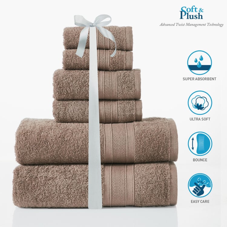 TRIDENT Soft and Plush Brown Textured Cotton Towel Set - Set of 6