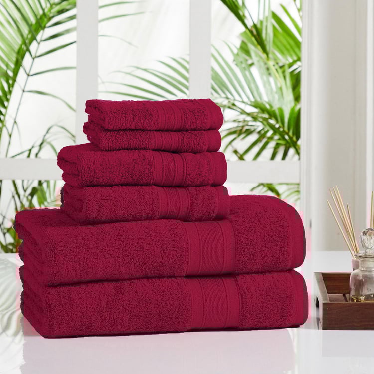 TRIDENT Soft and Plush Crimson Red Textured Cotton Towel - Set of 6