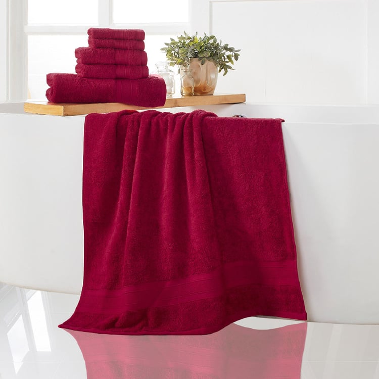 TRIDENT Soft and Plush Crimson Red Textured Cotton Towel - Set of 6