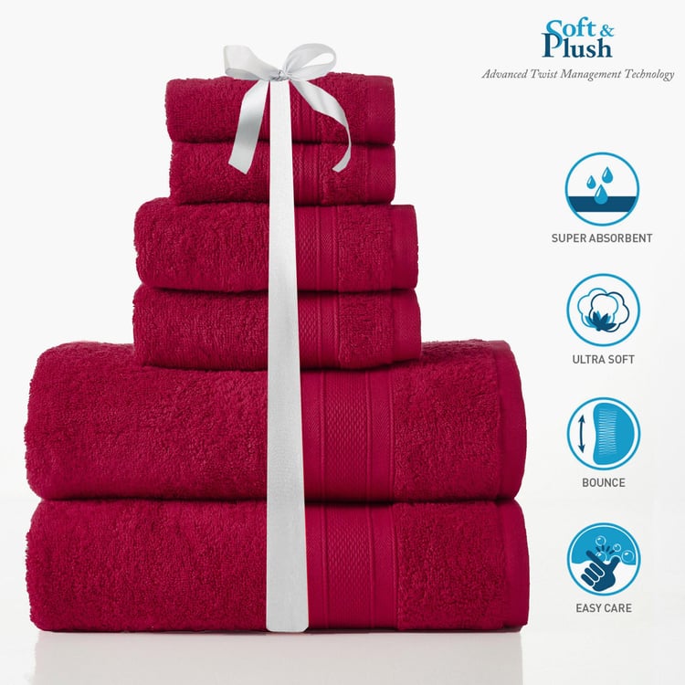 TRIDENT Soft and Plush Crimson Red Textured Cotton Towel - Set of 6