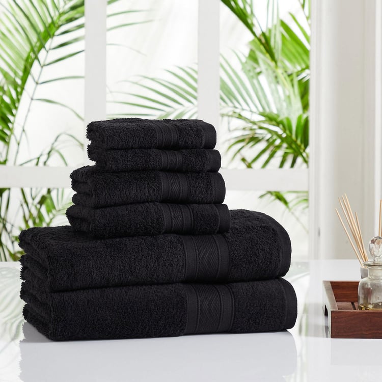TRIDENT Soft And Plush Black Textured Cotton Towels - Set Of 6