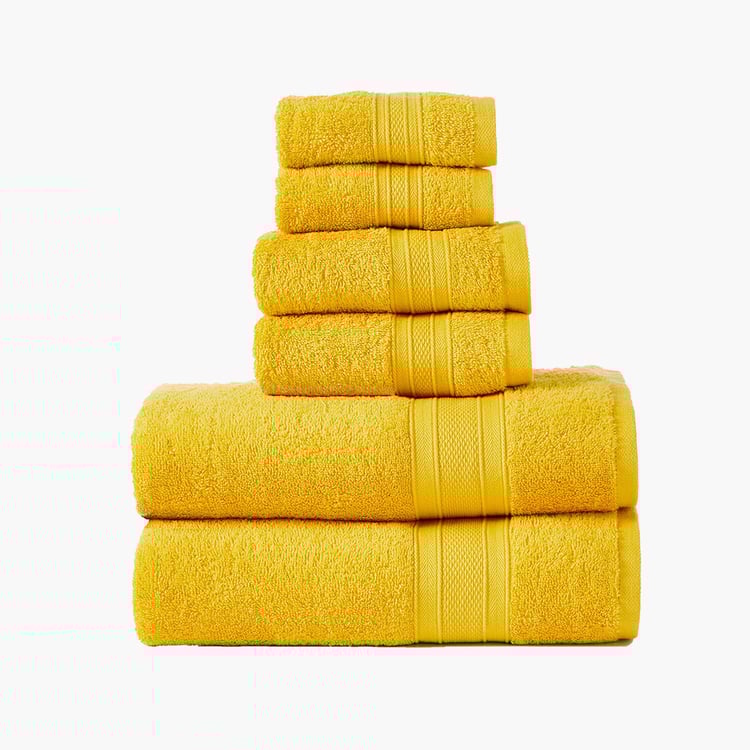 TRIDENT Soft and Plush Mustard Yellow Cotton Textured Towel - Set of 6