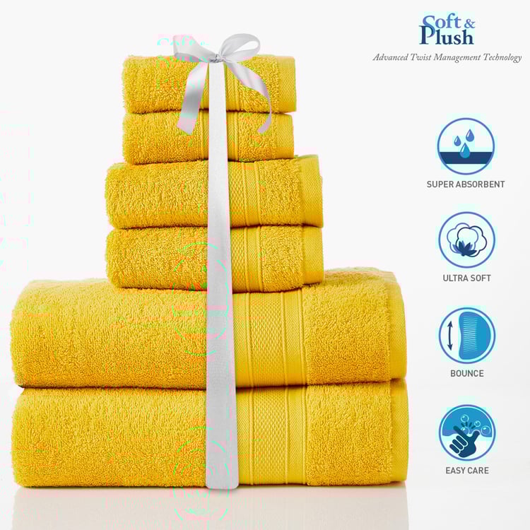 TRIDENT Soft and Plush Mustard Yellow Cotton Textured Towel - Set of 6