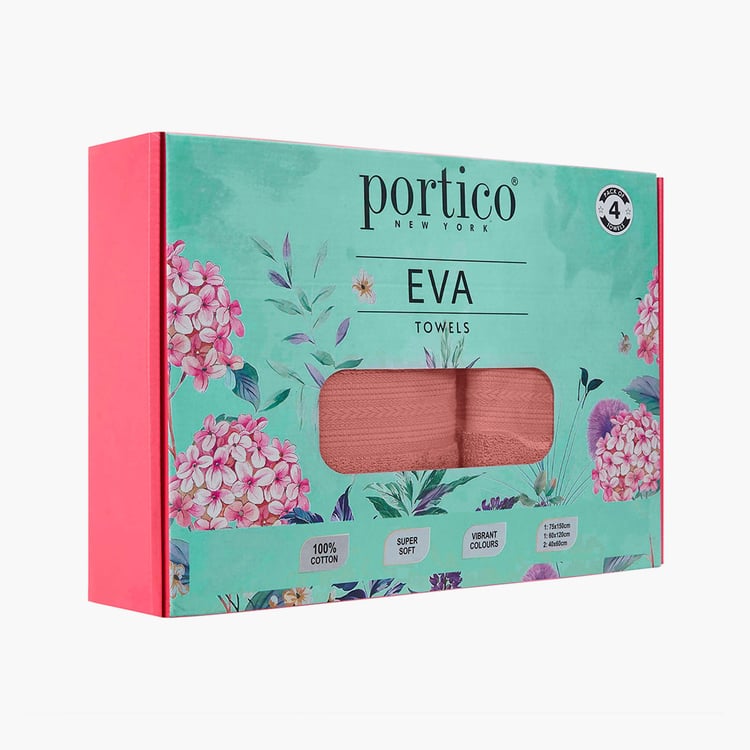 PORTICO Eva Pink Textured Cotton Towel Set - 4Pcs