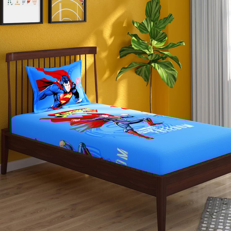 PORTICO License Multicolor Superman Printed Single Linen Bedsheet with Pillow Cover - 2 Pc
