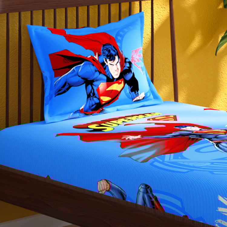 PORTICO License Multicolor Superman Printed Single Linen Bedsheet with Pillow Cover - 2 Pc